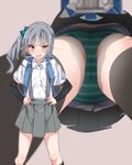 arm_warmers backpack bag breasts brown_eyes cameltoe commentary_request green_panties grey_hair hair_ribbon highres kantai_collection kasumi_(kantai_collection) legs_apart long_hair mtu_(orewamuzituda) multiple_views open_mouth panties pleated_skirt randoseru ribbon school_uniform shirt side_ponytail skirt small_breasts striped striped_panties suspenders translation_request underwear upskirt 