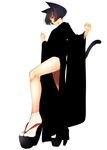 animal_ears bare_legs black_hair black_kimono blending cat_ears commentary_request eyebrows_visible_through_hair full_body high_heels highres japanese_clothes jpeg_artifacts kimono looking_at_viewer multicolored_hair okobo open_toe_shoes original purple_eyes red_hair sandals shoes short_hair simple_background socks solo tabi tail tsukino_wagamo two-tone_hair white_background white_legwear 