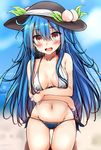  bikini blue_bikini_bottom blue_hair blush colorized commentary_request food fruit hat hat_ribbon hinanawi_tenshi kneeling long_hair looking_at_viewer midriff mismatched_bikini navel ocean open_mouth peach print_bikini red_eyes ribbon side-tie_bikini sketch solo sweatdrop swimsuit touhou white_bikini_top yuhito_(ablbex) 