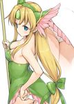  ass bare_shoulders blonde_hair blue_eyes breasts cleavage commentary_request cowboy_shot helmet long_hair low-tied_long_hair medium_breasts multiple_views panties polearm riesz seiken_densetsu seiken_densetsu_3 simple_background sketch takayaki underwear weapon white_background white_panties winged_helmet 