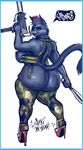  2017 anthro baseball_bat big_breasts big_butt breasts butt camo cat clothing english_text feline female footwear fur gun hair high_heels holding_object holding_weapon huge_butt legwear looking_at_viewer mae_(nitw) mammal night_in_the_woods nipples ranged_weapon red_eyes shoes simple_background sligarthetiger solo stockings submachine_gun text thick_thighs uzi video_games voluptuous weapon wide_hips 