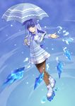  bad_id bad_pixiv_id bangs blue_dress blue_eyes blue_footwear blue_hair blue_ribbon boots capelet commentary_request dress fishnet_pantyhose fishnets hair_ribbon holding holding_umbrella icicle long_hair long_sleeves original pantyhose parted_lips ragi_(schrdngr) ribbon sidelocks solo umbrella 
