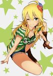  ahoge blonde_hair blush boots commentary_request cutoffs green_eyes highres hoshii_miki idolmaster idolmaster_(classic) jewelry long_hair necklace one_eye_closed q_(ed69) shirt short_shorts shorts sitting smile solo spread_legs star striped striped_shirt 