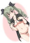  anchovy bangs black_panties blurry blush breasts cape closed_mouth collarbone covered_nipples cowboy_shot depth_of_field drill_hair dutch_angle embarrassed girls_und_panzer green_hair highres light_frown long_hair looking_at_viewer medium_breasts no_pants no_shirt panties red_eyes side-tie_panties solo standing thigh_gap twin_drills twintails underwear wan'yan_aguda 