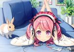  absurdres bangs blurry bunny closed_mouth couch crossed_ankles depth_of_field digital_media_player eyebrows_visible_through_hair feet_up headphones highres holding_headphones indoors kantoku kurumi_(kantoku) long_hair long_sleeves looking_at_viewer lying on_couch on_stomach original painting_(object) pink_hair plaid plaid_skirt plant pleated_skirt potted_plant purple_eyes red_skirt skirt sleeves_past_wrists smile solo sweater two_side_up wavy_hair white_sweater 