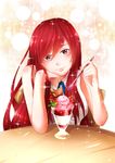  brown_eyes chair erza_scarlet fairy_tail food fruit glass highres ice_cream okamiuraaoi parfait red_hair sleeveless smile solo spoon strawberry sundae table wafer_stick waffle 