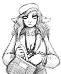  anthro big_breasts black_and_white boss_lamb_(hladilnik) bracelet breasts caprine cleavage clothed clothing ear_piercing female frown gun hair handbag handgun hat hladilnik jewelry mammal monochrome necklace piercing ranged_weapon sheep solo suit weapon 
