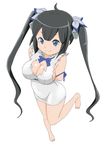  1girl b_(papiopine) barefoot black_hair blue_eyes breasts cleavage cleavage_window dungeon_ni_deai_wo_motomeru_no_wa_machigatteiru_darou_ka female hestia_(danmachi) solo 