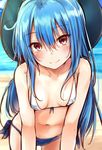  bare_shoulders beach bikini blue_bikini_bottom blue_hair blush breasts closed_mouth collarbone commentary_request day eyebrows eyebrows_visible_through_hair front-tie_bikini front-tie_top hair_between_eyes hat head_tilt highres hinanawi_tenshi leaning_forward long_hair looking_at_viewer mismatched_bikini navel outdoors print_bikini red_eyes sand side-tie_bikini sketch small_breasts smile solo standing swimsuit touhou water white_bikini_top yuhito_(ablbex) 