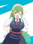  1girl breasts chi_no_maidragon chiki cup enlay fangs fire_emblem gloves green_eyes green_hair kobayashi-san large_breasts long_hair looking_at_viewer maid maid_dress maid_headress monster_girl multicolored_hair open_mouth red_necktie skirt smile solo tooru_(maidragon) very_long_hair white_shirt 