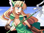  blonde_hair blue_eyes blush bow breasts cleavage dress forehead_jewel gloves green_bow green_dress hair_bow helmet highres holding holding_weapon long_hair low-tied_long_hair nave polearm riesz seiken_densetsu seiken_densetsu_3 solo spear very_long_hair weapon 