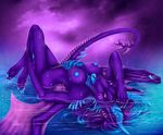  2017 anthro armpits breasts dragon female glowing hair horn membranous_wings navel nipples nude purple_eyes scalie selianth solo tongue tongue_out water wings 