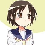  blush brown_eyes brown_hair eyebrows_visible_through_hair hasegawa_fumi looking_away miiyon necktie open_mouth school_uniform school_uniform_(yuyushiki) serafuku short_hair short_sleeves solo yellow_neckwear yuyushiki 