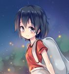  backpack bag bangs black_hair blurry blush breasts commentary_request depth_of_field eyebrows_visible_through_hair from_side grey_eyes kaban_(kemono_friends) kemono_friends looking_at_viewer looking_to_the_side red_shirt sad_smile shimokirin shirt short_hair short_sleeves small_breasts smile solo spoilers 