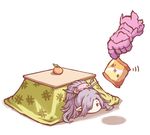  chips disembodied_limb food fruit granblue_fantasy hair_over_one_eye khell kotatsu mandarin_orange nio_(granblue_fantasy) potato_chips purple_hair table 
