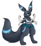  2016 anthro anthrofied black_fur breasts cleavage clothed clothing eeveelution female fluffy fluffy_tail fur green_eyes hi_res long_ears long_tail markings nintendo nipple_bulge one_eye_closed pok&eacute;mon shirt short_stack shorts simple_background smile solo sweetlemondragon tank_top thick_thighs tight_clothing umbreon video_games wide_hips wink wraps 