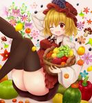  ;d absurdres aki_minoriko apple basket black_legwear blonde_hair blush eyebrows_visible_through_hair flower food fruit grapes hat highres lemon looking_at_viewer mandarin_orange mushroom one_eye_closed open_mouth persimmon red_eyes red_hat smile solo suigetsu_(watermoon-910) thighhighs touhou vegetable 