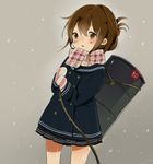  2014 absurdres bangs blush brown_eyes brown_hair chiyu_(cotoritori) coat double-breasted drum_(container) folded_ponytail gloves grey_background highres inazuma_(kantai_collection) kantai_collection long_sleeves mittens open_mouth plaid plaid_scarf pleated_skirt rope sailor_collar scarf skirt snow snowing solo 