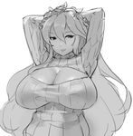  :p arms_up breasts cleavage cleavage_cutout commentary eu03 granblue_fantasy greyscale head_wreath huge_breasts long_hair meme_attire monochrome open-chest_sweater ribbed_sweater rosetta_(granblue_fantasy) sketch solo sweater tongue tongue_out 