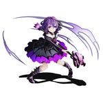  cloudy_(divine_gate) collar divine_gate dress full_body grin hair_between_eyes holding holding_weapon layered_dress looking_at_viewer official_art pink_eyes purple_hair shadow short_hair smile solo transparent_background ucmm weapon 