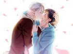  artist_name black_hair blush brown_eyes closed_eyes dated dorris from_side hand_on_another's_face highres hood hoodie imminent_kiss katsuki_yuuri male_focus multiple_boys petals profile signature silver_hair viktor_nikiforov yaoi yuri!!!_on_ice 