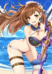  ass_visible_through_thighs beach beatrix_(granblue_fantasy) bent_over bikini black_bikini blush bow breasts brooch brown_eyes brown_hair cloud cowboy_shot day granblue_fantasy groin hair_bow hair_ornament halterneck jewelry large_breasts leaning_forward long_hair looking_at_viewer luse_maonang midriff navel open_mouth outdoors ponytail revision sky smile solo swimsuit sword thigh_strap thighs water weapon 