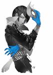  blue_eyes blue_gloves closed_mouth fox_mask from_side gloves highres kitagawa_yuusuke limited_palette looking_at_viewer male_focus mask mask_removed nanaya_(daaijianglin) persona persona_5 simple_background solo spot_color 
