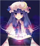  ayakohi book bow capelet crescent glowing hair_bow hat long_hair magic open_book open_mouth patchouli_knowledge purple purple_eyes purple_hair red_bow ribbon smile solo touhou 
