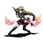  bedivere_(divine_gate) black_footwear black_shirt blonde_hair boots bow braid divine_gate fire full_body hair_bow holding holding_sword holding_weapon knee_boots long_hair looking_at_viewer official_art pleated_skirt red_bow red_eyes shadow shirt short_sleeves single_braid skirt solo standing sword transparent_background ucmm very_long_hair weapon 