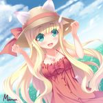  :d amamiya_marron animal_ears artist_name blonde_hair blush buttons dress ears_through_headwear flower flower_necklace green_eyes hat hat_ribbon jewelry long_hair necklace open_mouth red_dress ribbon signature smile sobani_sakurako sound_voltex sun_hat sundress 