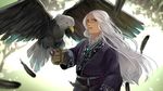  bird eagle feathers gloves hayame_(m_ayame) highres jewelry long_hair necklace original solo white_hair yellow_eyes 
