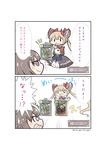  2koma absurdres animal bangs black_hair blonde_hair blunt_bangs card comic double_bun dress erika_(shadowverse) floating_card frilled_dress frills gothic_lolita grin h2o_(hidrogen2oxygen) hair_ornament highres holding holding_animal lolita_fashion luna_(shadowverse) multiple_girls open_mouth purple_eyes robe shadowverse short_hair smile surprised sweatdrop translated twintails 