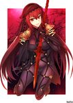  armor artist_name blush bodysuit breasts commentary covered_navel fate/grand_order fate_(series) full_body gae_bolg gloves holding holding_weapon jewelry kaito_(kaixm) long_hair looking_at_viewer medium_breasts polearm purple_bodysuit purple_hair red_eyes scathach_(fate)_(all) scathach_(fate/grand_order) serious shoulder_armor smile solo spear veil weapon 