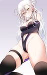  @_@ areola_slip areolae arm_behind_back ass_visible_through_thighs bangs bare_shoulders black_gloves black_legwear blush braid breasts commentary_request cosplay elbow_gloves embarrassed fate/grand_order fate_(series) gloves gradient gradient_background groin hair_between_eyes highres long_hair looking_at_viewer looking_down mash_kyrielight mash_kyrielight_(cosplay) medium_breasts messy_hair navel navel_cutout nose_blush olga_marie_animusphere oouso partially_visible_vulva revealing_clothes solo sweat tearing_up thighhighs thighs twitter_username wavy_mouth white_hair yellow_eyes 
