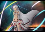  altera_(fate) armor bangs bare_shoulders black_nails choker dark_skin eyebrows_visible_through_hair fate/extella fate/extra fate/grand_order fate_(series) holding holding_weapon inu3 looking_up nail_polish open_mouth photon_ray rainbow red_eyes short_hair silver_hair solo sword tattoo veil weapon white_hair 