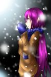  blizzard blue_scarf brown_jacket coat commentary daoxie fate/grand_order fate_(series) gloves highres jacket long_hair purple_hair red_eyes scarf scathach_(fate)_(all) scathach_(fate/grand_order) snow snowing solo sweater very_long_hair warming warming_hands winter winter_clothes winter_coat 