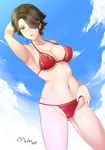  arm_up armpits artist_name bikini black_hair breasts cinder_fall cleavage cloud collarbone cowboy_shot dated day highres jewelry large_breasts lenny_face looking_at_viewer lulu-chan92 open_mouth rwby scar scar_across_eye shiny shiny_skin short_hair simple_background sky solo swimsuit yellow_eyes 