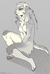  4_toes angiewolf anthro breasts canine digitigrade dog featureless_breasts female fluffy greyscale mammal monochrome nude sitting solo toes 