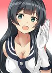  agano_(kantai_collection) aqua_eyes bare_shoulders black_hair blush breasts cleavage collarbone dated elbow_gloves eyebrows_visible_through_hair gloves gradient gradient_background hand_up highres kamelie kantai_collection large_breasts long_hair looking_at_viewer open_mouth red_background sailor_collar solo waving white_gloves 