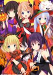  5girls :d animal_ears anko_(gochiusa) artist_name azuma_yuki bare_shoulders blonde_hair blue_eyes blue_hair blush broom brown_hair bunny bunny_ears circle_name dated demon_horns demon_tail dress gochuumon_wa_usagi_desu_ka? green_eyes hair_ornament hairband hairclip halloween hat highres holding horns hoto_cocoa japanese_clothes kafuu_chino kimono kirima_sharo lolita_hairband long_hair looking_at_viewer mini_hat mini_top_hat multiple_girls necktie number open_mouth outstretched_arms pumpkin purple_eyes purple_hair revision short_sleeves skull_hair_ornament smile sparkle star star_print striped striped_neckwear tail tedeza_rize tippy_(gochiusa) top_hat twintails ujimatsu_chiya witch_hat wrist_cuffs x_hair_ornament 