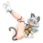  animal_ears arms_behind_back ass bdsm blush bondage bottomless bound bound_arms bound_legs breasts brown_eyes capelet commentary_request feet frills full_body kneepits legs_up long_sleeves looking_at_viewer mouse_ears mouse_tail nazrin nose_blush ootsuki_wataru open_mouth restrained shibari shibari_over_clothes silver_hair small_breasts socks solo tail touhou transparent_background triangle_mouth white_legwear 