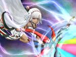  altera_(fate) armor bangs bare_shoulders breasts choker dark_skin detached_sleeves fate/extella fate/extra fate/grand_order fate_(series) highres holding holding_weapon looking_at_viewer midriff navel photon_ray rainbow red_eyes short_hair silver_hair solo suiete sword tattoo veil weapon white_hair 