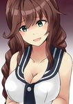  aqua_eyes bare_shoulders blush braid breasts collarbone dated eyebrows_visible_through_hair gradient gradient_background highres kamelie kantai_collection large_breasts long_hair looking_at_viewer noshiro_(kantai_collection) open_mouth shaded_face shiny shiny_hair solo tank_top twin_braids 