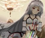  altera_(fate) armor bangs bare_shoulders black_nails choker dark_skin eyebrows_visible_through_hair fate/extella fate/extra fate/grand_order fate_(series) holding holding_weapon nail_polish photon_ray rainbow red_eyes sad short_hair silver_hair solo steru_(nnsterus) sword tattoo veil weapon white_hair 