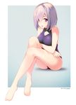  absurdres bare_shoulders blush cleavage_cutout fate/grand_order fate_(series) full_body hair_over_one_eye highres legs looking_at_viewer mash_kyrielight open_mouth purple_eyes purple_hair purple_swimsuit rods short_hair sitting smile solo swimsuit toes two-tone_background 