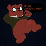  2017 angus_(nitw) anthro balls bear clothed clothing erection eyewear fur glasses hair humanoid_penis looking_at_viewer mabit male mammal night_in_the_woods nude penis simple_background smile solo spreading video_games 
