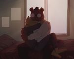  .max. 2017 angus_(nitw) anthro barefoot bear bed bedroom belt brown_fur canine clothing embrace eyes_closed eyewear fox fur glasses gregg_(nitw) hat love male male/male mammal night_in_the_woods pants romantic_couple shirt sitting smile tailless yellow_fur 