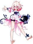  1girl :d ankle_flower artist_request bare_legs barefoot black_shorts bracelet child_(elsword) detached_sleeves dress elsword feet full_body gradient_hair hair_between_eyes highres jewelry laby_(elsword) messy_hair mirror multicolored_hair official_art open_mouth outstretched_hand pink_eyes pink_hair sharp_teeth short_hair shorts smile solo teeth white_dress white_hair white_sleeves 