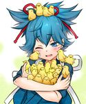  animal animal_on_head bird bird_on_head blue_eyes blue_hair blush chick japanese_clothes kagetora male_focus on_head one_eye_closed open_mouth ponytail sayo_samonji smile too_many too_many_chicks touken_ranbu 