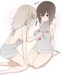  backless_dress backless_outfit bag bangs bare_back between_breasts blue_eyes blush breasts brown_eyes brown_hair dress girls_und_panzer grey_sweater hand_between_breasts itsumi_erika kneeling large_breasts looking_at_another medium_breasts meme_attire multiple_girls naked_sweater nishizumi_maho seiza short_hair sideboob silver_hair sitting sweatdrop sweater sweater_dress translated turtleneck turtleneck_sweater virgin_killer_sweater wata_do_chinkuru white_background 